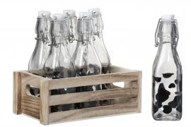 Låda 6 flaskor med propp Komönster Trä/Glas Transparent/Svart 21,2x13,5x20 , hemmetshjarta.se