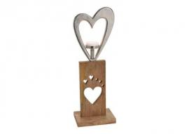 Ljusstake Hjärta i metall på stativ av mangoträ silver brun (B/H/D) 20x57x13cm , hemmetshjarta.se
