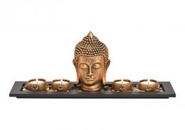 Dekoration Buddha brun 4 värmeljushållare bricka stenar (B/H/D) 41x17x11 cm , hemmetshjarta.se