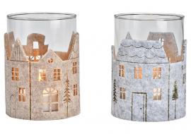Värmeljushållare husdekor glas beige grå 2-pack (B/H/D) 9x13x9cm , hemmetshjarta.se