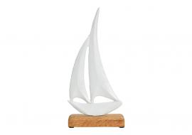 Maritim Dekoration segelbåt på trä metall vit (B/H/D) 13x27x5cm , hemmetshjarta.se