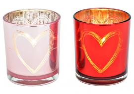 Värmeljushållare hjärtdekor glas rosa röd 2-pack (B/H/D) 9x10x9cm , hemmetshjarta.se