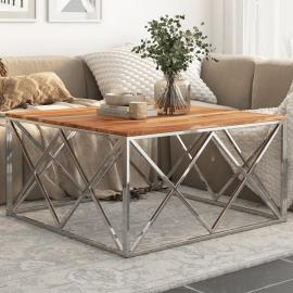Soffbord rostfritt stål silver och massivt akaciaträ 100x100x50 cm , hemmetshjarta.se