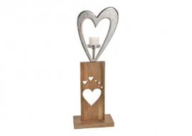 Ljusstake Hjärta i metall på stativ av mangoträ silver brun (B/H/D) 25x73x13cm , hemmetshjarta.se