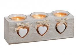 Värmeljushållare 3-ljus/hjärta trä glas (B/H/D) 24x8x7cm , hemmetshjarta.se