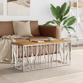 Soffbord rostfritt stål silver och massivt akaciaträ 110x45x45 cm , hemmetshjarta.se
