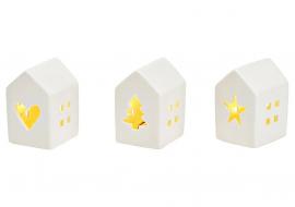 Dekoration Hus Porslin vit LED 3-pack (B/H/D) 6x8x6cm 3xLR44 ingår ej , hemmetshjarta.se