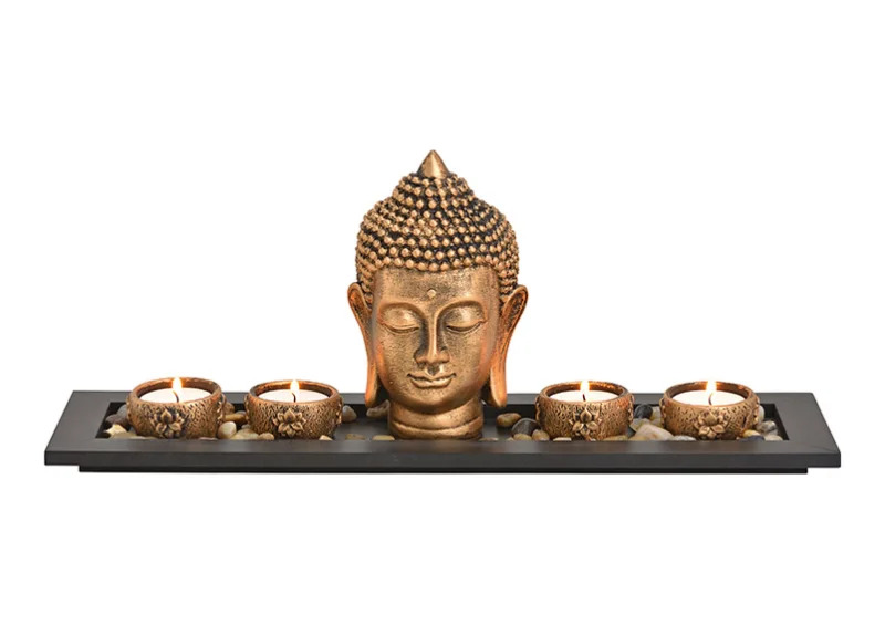 Dekoration Buddha brun 4 vrmeljushllare bricka stenar (B/H/D) 41x17x11 cm , hemmetshjarta.se